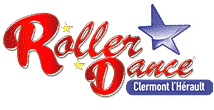 Logo Roller Dance Clermont l'Hérault : texte stylisé rouge et blanc avec étoile bleue et fond sombre, promotionnant la danse en roller.