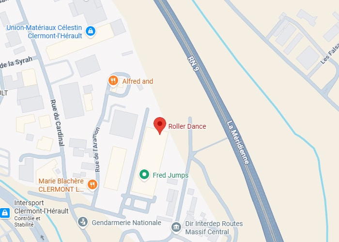 Roller Dance Clermont l'Hérault : Carte & Accès RN 9 Carte localisant Roller Dance près de Alfred and et Fred Jumps, à proximité de la RN 9 et La Méridienne à Clermont-l'Hérault.