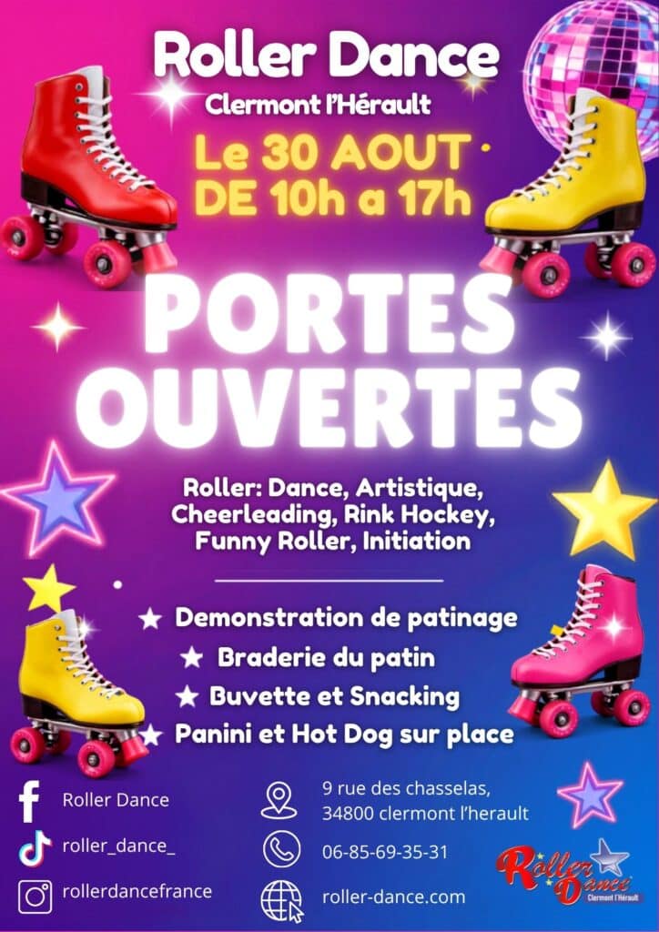Affiche Portes Ouvertes Roller Dance à Clermont l'Hérault le 30 août. Patins colorés, démos et braderie.