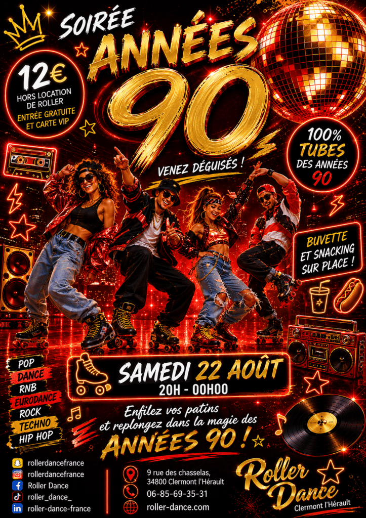 Affiche soirée Roller Dance années 90 à Clermont l'Hérault le 22 août. Danseurs, disco et musique 100% tubes.