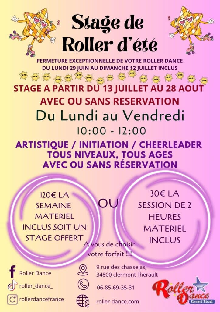 Affiche Stage de Roller d'été à Clermont l'Hérault. Cours artistique et cheerleader du 13 juillet au 28 août.